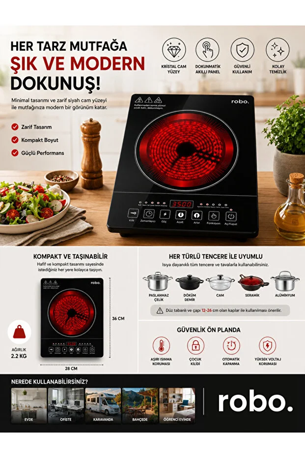 2200W Dijital Dokunmatik Tekli Elektrikli Ocak - Tüm Tencere Tiplerine Uyumlu Siyah Kristal 2200W Dijital Dokunmatik Tekli Elektrikli Ocak - Tüm Tencere Tiplerine Uyumlu Siyah Kristal